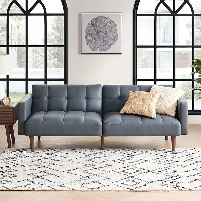 mopio Aaron 76.8 Couch Small Futon Sofa Bed Sleeper Loveseat Mid Century Modern Futon Couch Sofa Cama Couches for Living Room Bedroom (Cloud Gray Faux Leather)