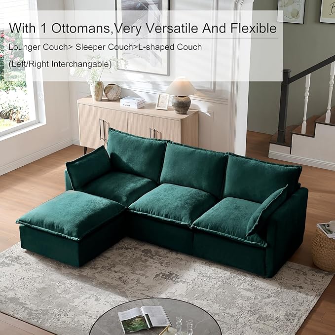 93.31 Inch L-Shaped Couch Sofa with Ottoman Modular Sectional Sofa with 4 Seats and Pillows for Home Living Room Modern Chenille Fabric Large Comfy Cloud Couch DIY Combination (Green-93inch)
