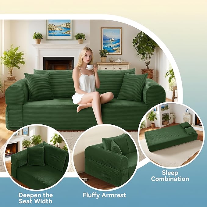 3 Seater Sofa Couch for Living Room (Green 38 D + 4 Pillows)