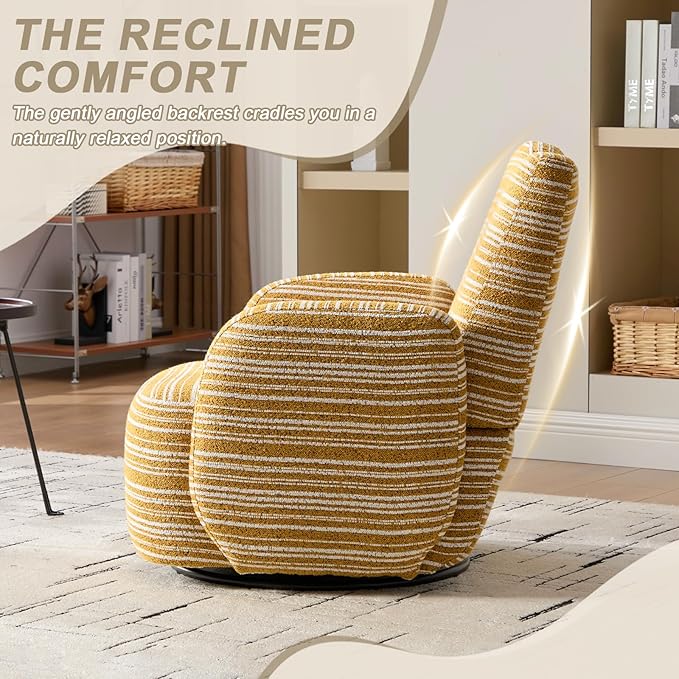 360° Swivel Accent Chair with Armrest Modern Striped Upholstered Lounge Chair Stable Round Base &amp Sturdy Metal Frame Armchair for Bedroom Living Room Office &amp Vanity (Mustard Yellow)