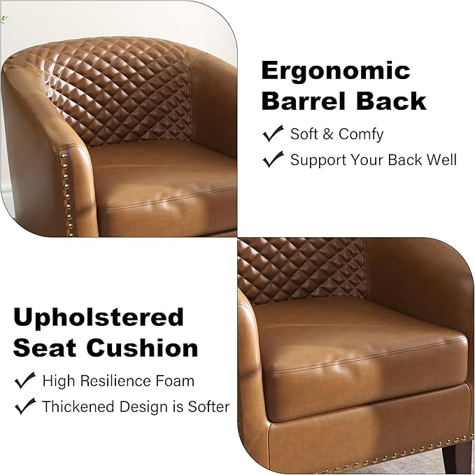 Accent Barrel Chair Upholstered Faux Leather Club Chair with Nailed Trim Comfy Reading Armchair for Living Room Bedroom Reception Room Office (Coffee Set of 4)