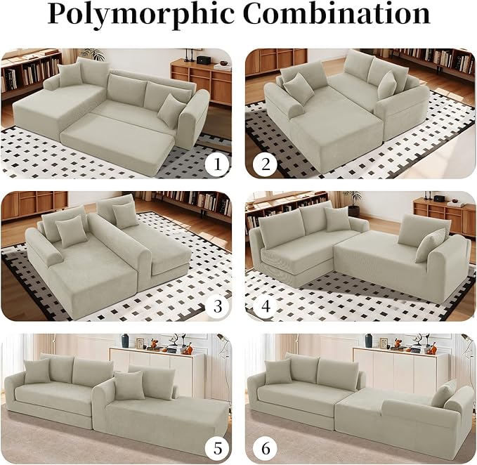 KBQ Modular Sectional Couch in a Box 103 L Shaped Boneless Cloud Couch with Deep Seat Convertible Sofa Bed for Living Room Bedroom Apartments No Assembly Required Beige Left Facing Chaise