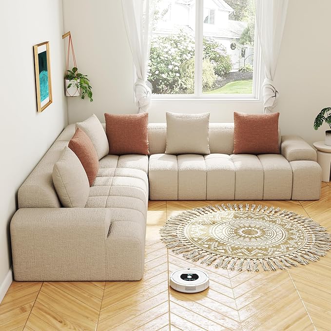 Cloud Modular Sectional Sofa Couch 108 V Shaped Chenille Fabric Memory Foam Sofa 5-Seater Couches with 6 Pillows for Living RoomApartmentBeige