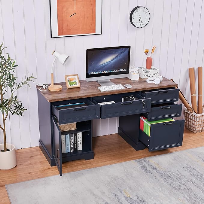 60 Farmhouse Executive Desk with Charging StationHome Office Desk with 4 Drawers &amp 1 Cabinet&amp1 File CabinetMain Drawer with LockWood Desk for Office and Home