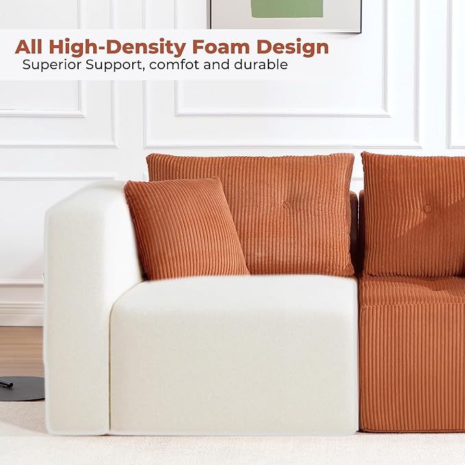 128 U Shaped Modular Sectional Sofa Oversized 6-Seater Boneless Tufted Cloud Couch with Cup Holder and Movable Ottoman Corduroy Upholstery Couches for Living Room No Assembly Orange