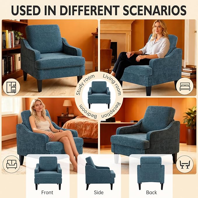 Accent Chair for Living Room Upholstered Living Room Chair with Side Pockets Comfy Accent Chairs for Bedroom Mid Century Modern Armchair for Office Apartment Waiting Room Club (Blue)