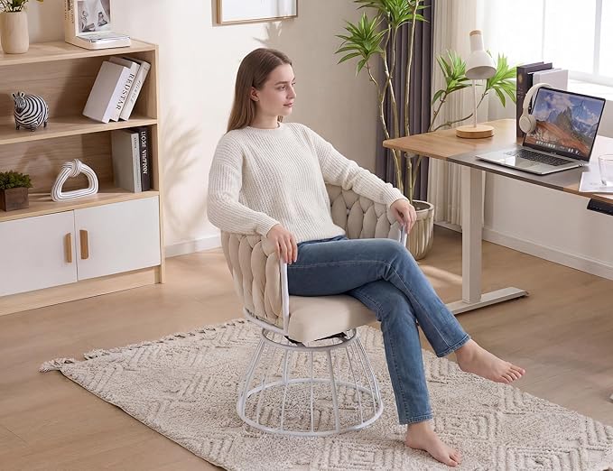 Mistpeople Swivel Weave Accent Chair Velour Upholstered Modern Chair with Woven Tufted Backrest for Living Room Bedroom Vanity Beige