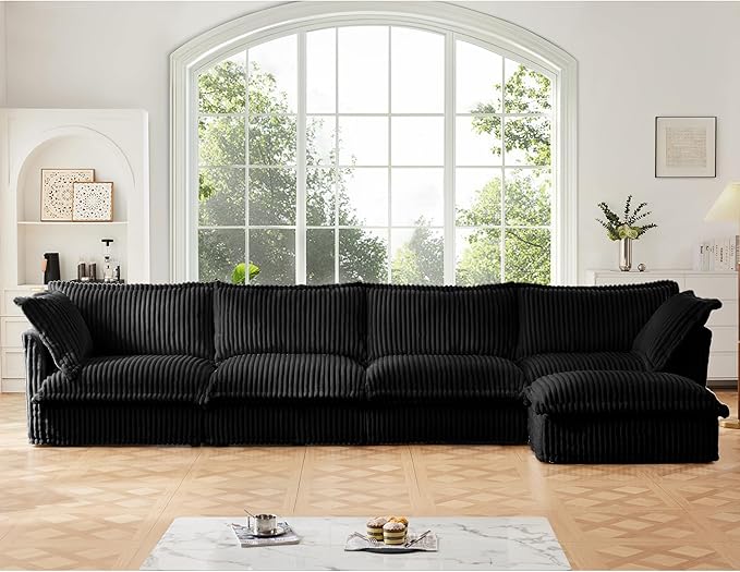 Modular Sectional Sofa Cloud Couch 156.6 L Shaped Comfy 3-Seat Couch with Ottoman &amp Removable Cover Oversized Sofa Set for Living Room Apartment Black Corduroy