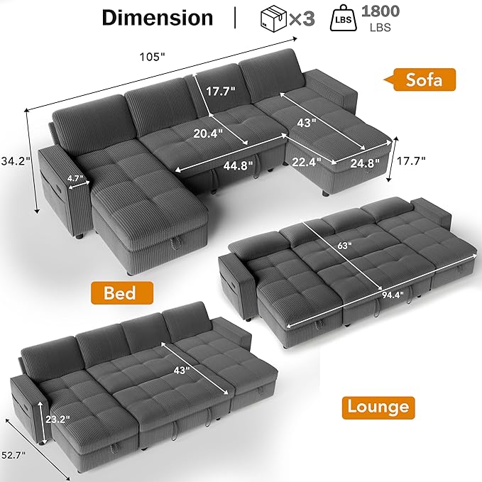 WEUP 105 Sectional Sofa with Pull Out Bed U Shaped 4 Seat Sleeper Sofa with 2 Storage Adjustable Backrest USB Ports Tool-Free Assembly Plush Corduroy Sectional Couches for Living Room Dark Grey