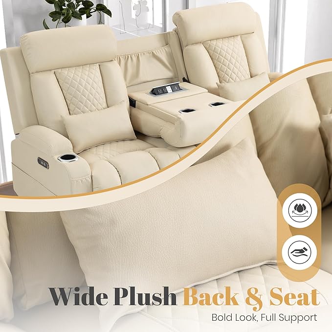 3-Seater Power Recliner Sofa with Adjustable Headrest Zero Wall Hugger Electric Reclining Couch Drop-Down Console with AC Outlets/USB/Type-C 2 Lumbar Pillows &amp Side Pockets