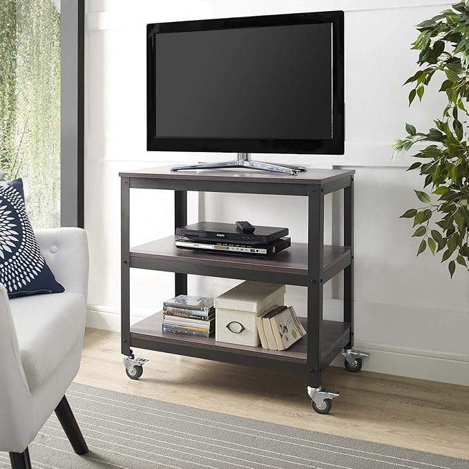 Modway Vivify Industrial Modern Three Tiered Serving Stand Rolling Cart in Gray Walnut