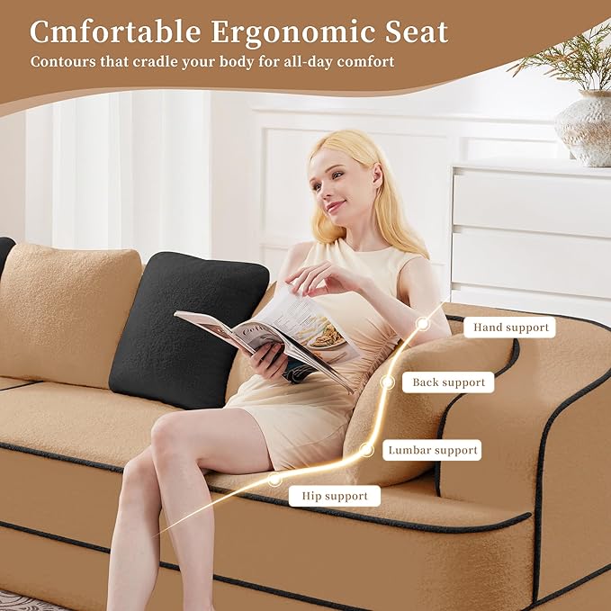 77.2 Contrast Color Boneless Sectional Sleeper Couch Teddy Fabric Foam Cloud Sleeper Sofa Bed Extra Deep Seat Wide Arm Modular Sectional Sofa with Chaise No Assembly Required