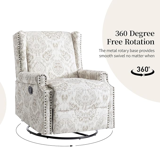 Swivel Rocker Recliner Chair Manual Nursery Glider Recliner Floral Fabric Wingback Accent Chair with Adjustable Backrest &amp Footrest for Small Spaces Living Room Bedroom (Beige Set of 2)
