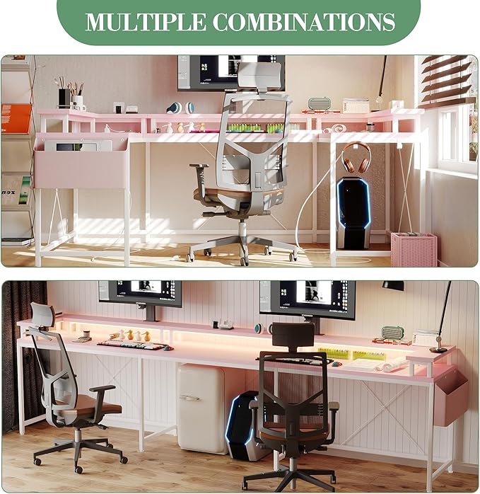 78 Inch Large Computer Desk with Power Outlets &amp USB Ports u Shaped Corner Desk with RGB LED Lights Monitor Stand &amp Storage for Home and Office Pink