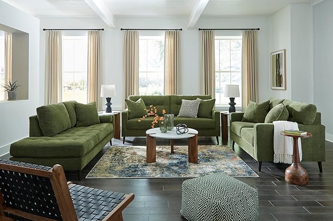 Signature Design by Ashley Bixler Mid-Century Modern Tufted Loveseat with 2 Toss Pillows Green