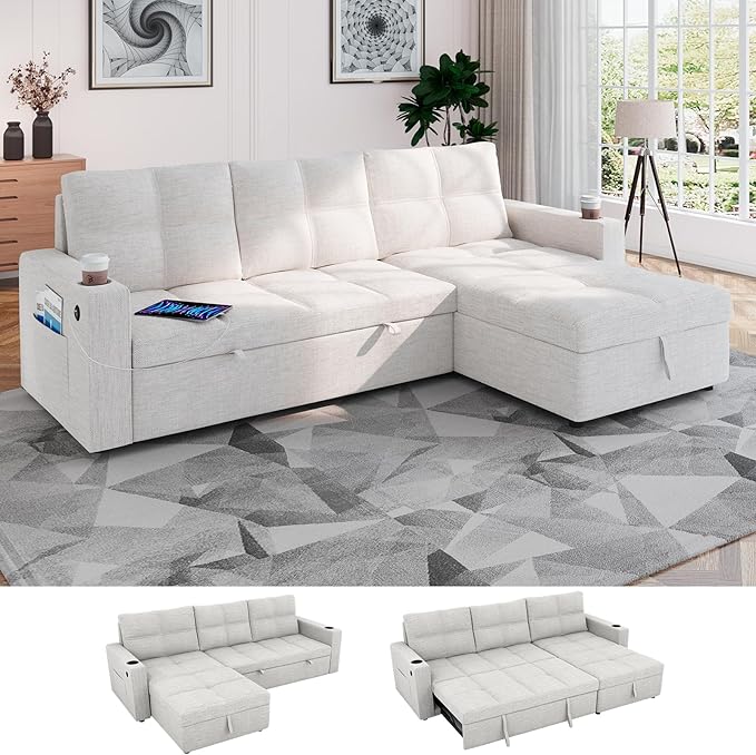 85 Inch Modular Sectional Sleeper Sofa Bed with StorageL Shaped Sectional Couches Bed with Pull Out Couch BedUSB ChargingCup Holders and Side Pocketsfor Living Room/Office/Apartment
