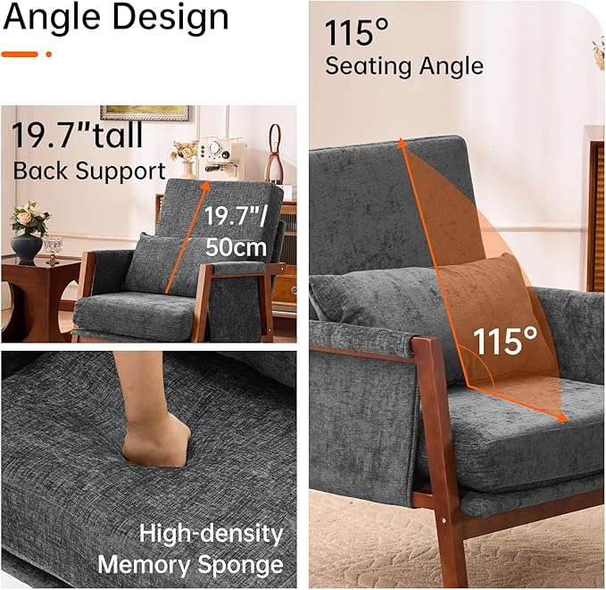 Accent Chair Mid-Century Modern Chair with Lumbar Support Pillow Upholstered Living Room Chairs with Wooden Chenille Armchair with Cushion Comfy Side Chair for Bedroom Balcony Dark Grey