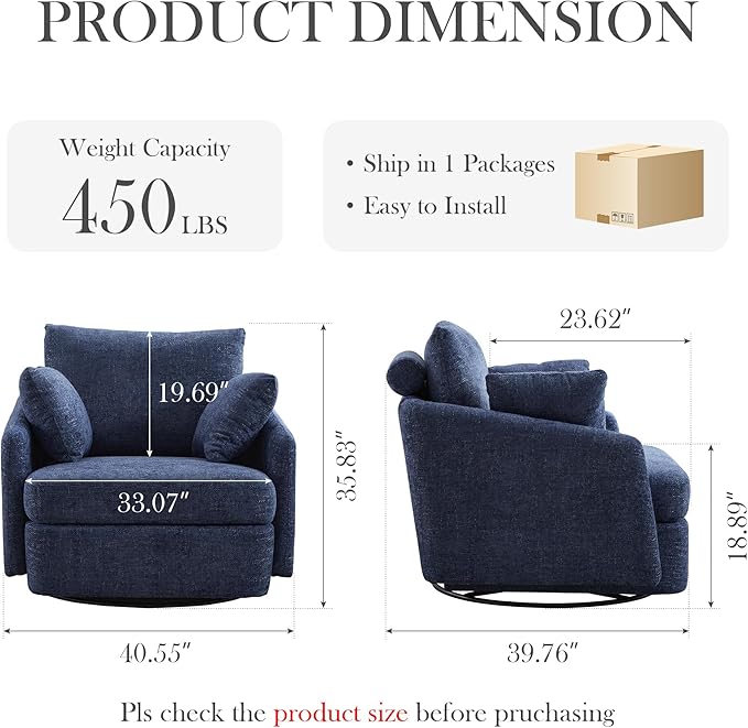 Aoiy &amp Wifon 40.55 W Oversized Swivel Accent Chair Modern Comfy Swivel Armchair for Living Room Woven Chenille Navy