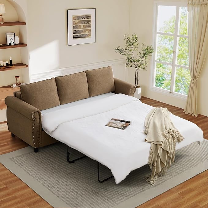 Queen Pull Out Sofa Bed 2-In-1 Pull Out Couch Bed with Memory Foam Mattress &amp Riveted Rolled Armrests 3 Seater Convertible Sleeper Sofa Foldable Couch for Living Room Bedroom Apartment(Brown)