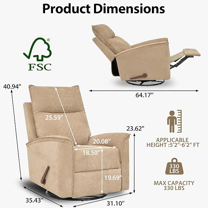 360° Swivel Manual Recliner Chair Rocker Recliner Chair for Adults Nursery Rocker Reclining Chair with Lumbar Support Small Recliners for Small Spaces Living Room Bedroom Chenille Brown