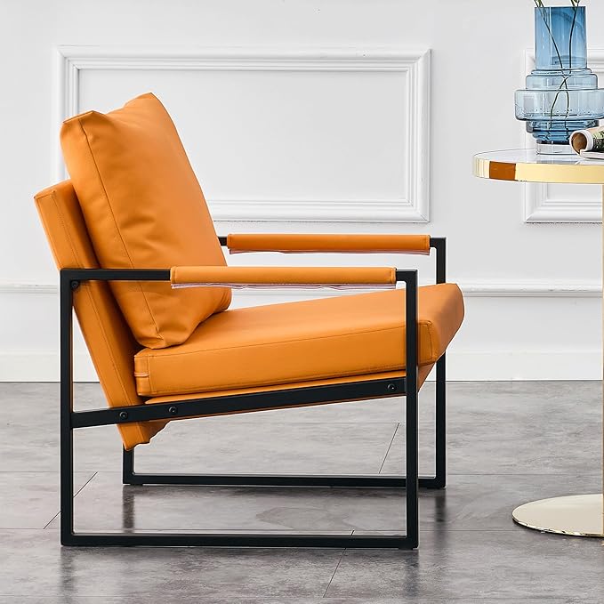 PU Leather Accent Arm Chair Mid Century Modern Upholstered Armchair with Metal Frame Extra Thick Padded Backrest and Seat Cushion Sofa Chairs for Living Room (Orange PU Leather Metal Frame Foam)
