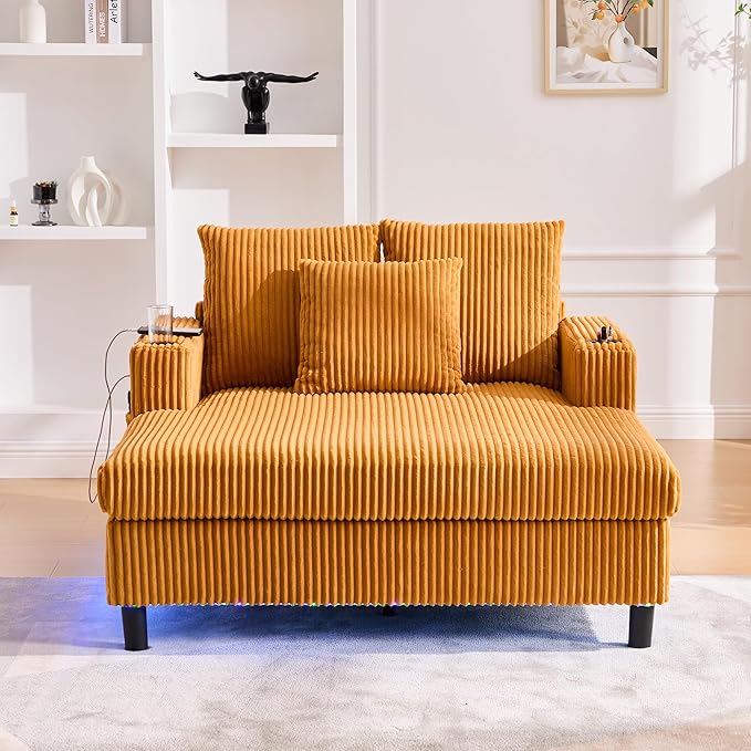 SLEERWAY Modern Corduroy Chaise Lounge Sofa Indoor- 55.9 Comfy Oversized Couch Bed with USB Ports Cup Holder Side Pocket Lights 3 Throw Pillows Lazy Recliner Chairs Living Room (Yellow)