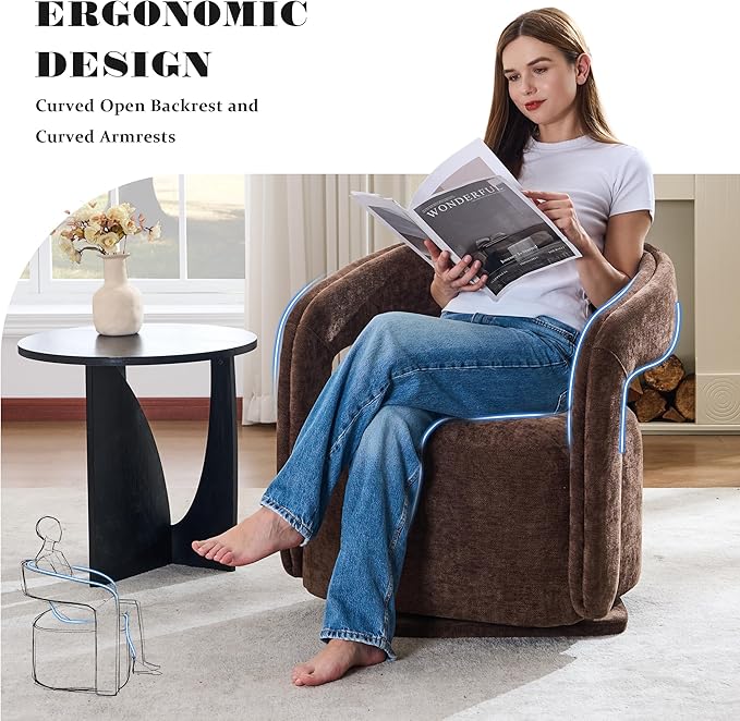 FOXHUNTER Swivel Accent Chair Set of 2 Modern Upholstered Barrel Chair Oversized Round Accent Armchair with Open Back Wooden Base for Living Room Chenil Brown