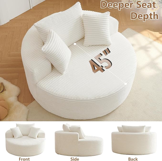 Oversized Round Chair Lounge Chaise Indoor Upholstered Corduroy Deep Seat Cloud Large Circle Sofa Chair No Assembly Required Fluffy Modern Sleeper Sofa Bed for Reading Living Room Bedroom White