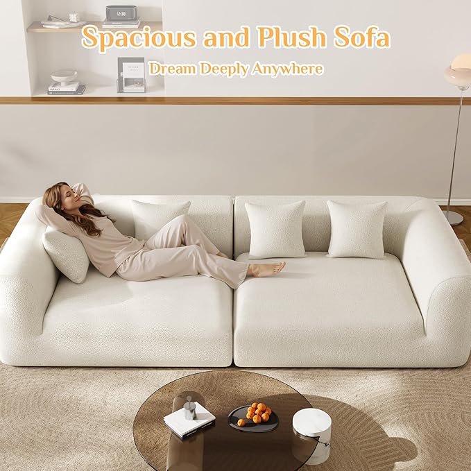 120 Curved Sectional Sofa Cream Cloud Couches Boneless Sectional Couch for Living Room Modular Curved Couch Oversized Comfy Modern Sofa Plush Chenille with 4 Pillows Beige