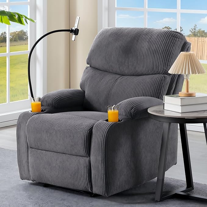Manual Recliner ChairModern Corduroy Reclining Chairs with Phone Stand &amp Cup HoldersOverstuffed Single Sofa Recliner for AdultsLiving Room Bedroom Home Theater (Grey)