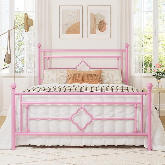 Allewie Queen Size Metal Platform Bed Frame with Victorian Vintage Headboard and Footboard/Mattress Foundation/Under Bed Storage/No Box Spring Needed/Noise-Free/Easy Assembly Pink