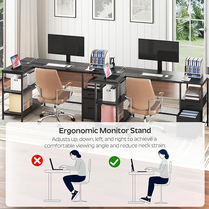 L Shaped Computer Desk with Adjustable Monitor Stand Gaming Desk with Power Outlets Office Desk with Fabric Drawer File Drawer and Hook for Living Room Home Office Black DN03UBB