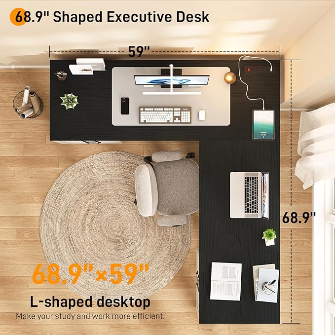 Farmhouse Home Office Desk with 6 Drawers L Shaped Executive Desk with Power Outlets and Triangle Under-Desk Storage Shelf &amp Drawer File Cabinet Corner Computer Desk Black