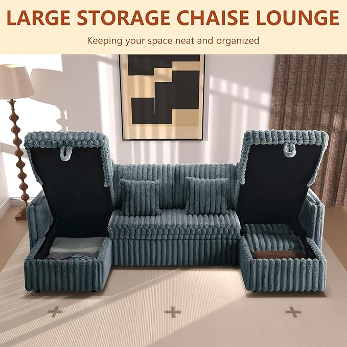 107 Sectional Sleeper Sofa with Pull Out Bed Comfy Fluffy Plush Corduroy Cloud Sectional Couches for Living Room U Shaped Modular Couch with Storage Chaise Cup Holder &amp USB Charger Dark Grey