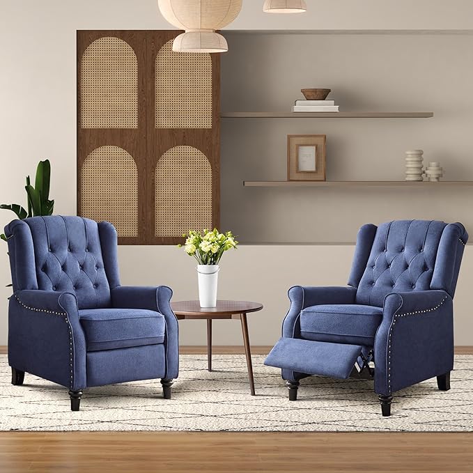 Bonzy Home Wingback Chairs Set of 2 Mid Century Modern Living Room Chairs Fabric Push Back Recliner Chair with Rivet Decoration Button-Tufted Back Solid Wood Legs Blue