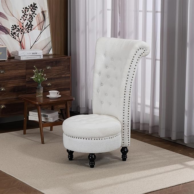 High Back Throne Royal Chair Set of 2 Velvet Armless Accent Chairs with Storage Nailhead Trim Solid Rubberwood Legs for Living Room Bedroom White