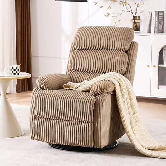 Velvet Upholstered Glider Recliner Chair – 360° Swivel Rocker Chair for Adults Small Rocking Chair for Small Spaces Soft Fabric Recliner Chair with Side Pockets Comfortable Nursery ChairBrwon