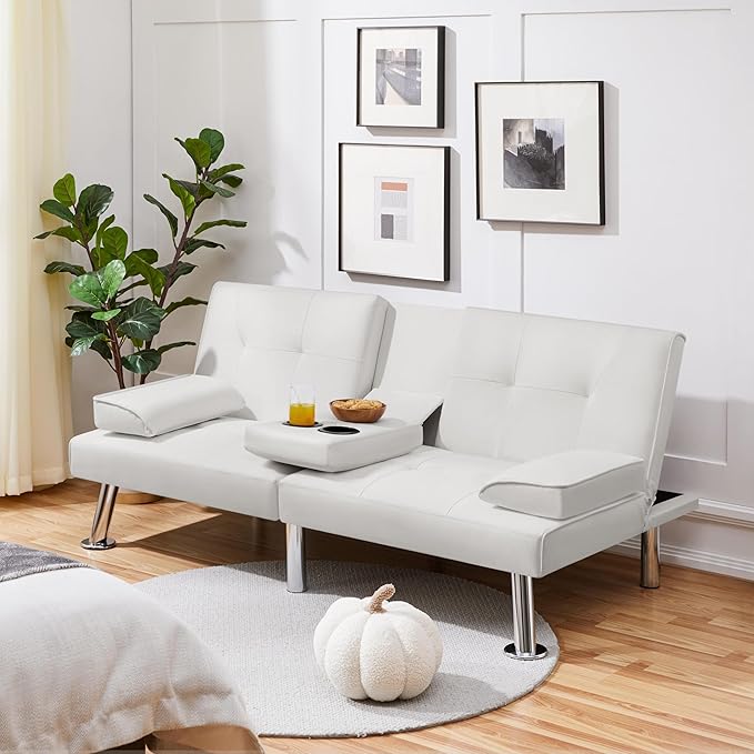 Yaheetech Convertible Sofa Bed Adjustable Couch Sleeper Modern Faux Leather Home Recliner Reversible Loveseat Folding Daybed Guest Bed Removable Armrests Cup Holders 3 Angles 772lb Capacity White