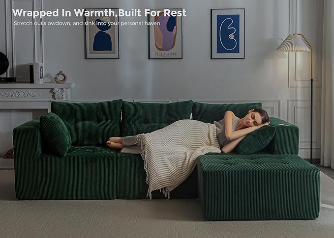 MAXYOYO Modular Sectional Sofa Couch L Shaped Modern Cloud Couch with Ottoman Sofa in A Box Tufted 4-Seat Boneless Sleeper Chair for Living Room No Assembly Required Green