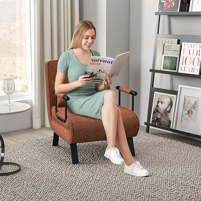 LDAILY Convertible Sofa Chair Bed 5 Adjustable Position Folding Sleeper Chair Single Folding Arm Chair w/Pillow Backrest Upholstered Seat Lazy Sofa Leisure Recliner for Home Office (Brown)