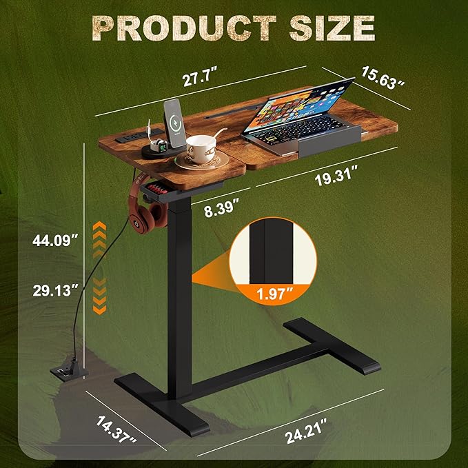 Standing Desk Medical Overbed Table with Rolling Tray and Power Outlet Dual Pneumatic Angel and Height Adjustable Desk Portable Side Table with Drawer for Home &amp Hospital Rustic Brown