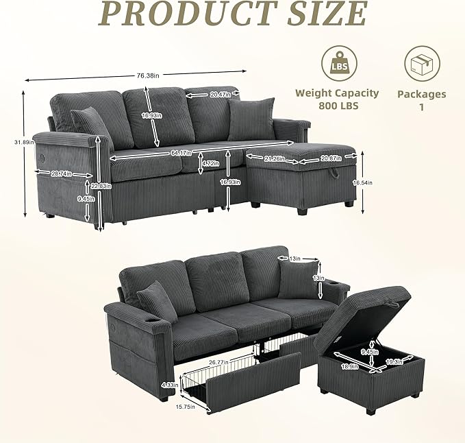 76'' Sectional Sofa Couches for Living Room 3 Seat L-Shaped Couch with Storage &amp Ottoman Corduroy Convertible Sofas with Chaise Apartment with USB Charging Cup Holder (Dark Grey)