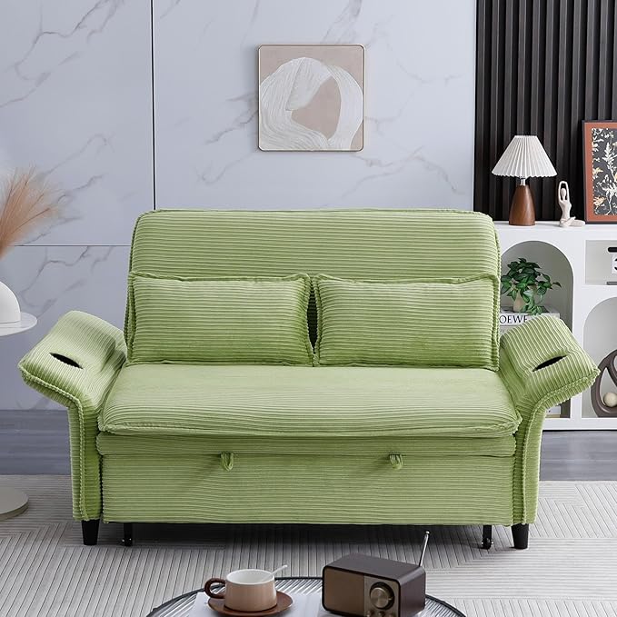 3 in 1 Convertible Sleeper Sofa Bed Loveseat Sleeper 65” Pull Out Couch Adjustable Armrest and Backrest with 2 Pillows for Living Room Bedroom (Green)