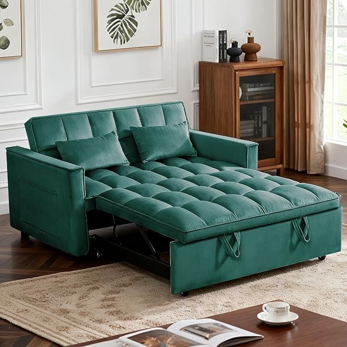 Convertible Sofa Bed Pull Out Couch with Side Pockets 3 in 1 Velvet Fabric Loveseat Sleeper Sofa Bed Pull Out Couch with Adjustable Backrest for Living Room Bedroom Apartment Green