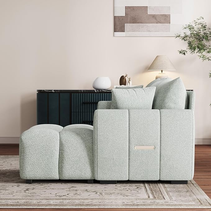 110 L Shaped Modern Boucle Sofa Modular Sectional Cloud Couch with Ottoman Tufted 4-Seat Deep Seat Sofa with Pillows for Living Room Bedroom and Apartment Light Green