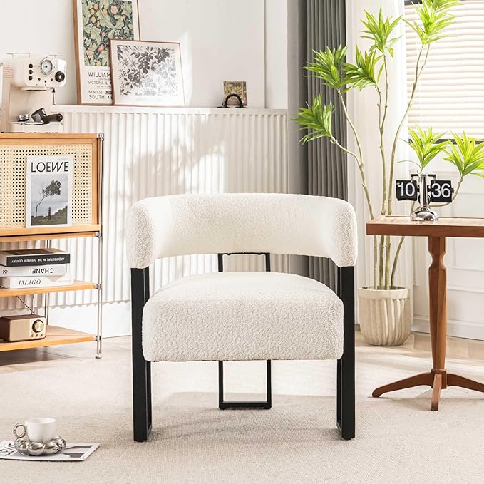 YOUNIKE Accent Chair White Upholstered Teddy Velvet Single Sofa Modern Corner Round Padded Armrest Club Boucle Armchair for Living Room Bedroom Office Hotel Lounge Nursery Apartment Black Metal Stand