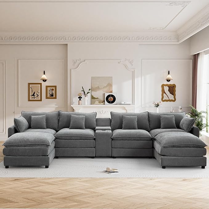 145 Cloud Couch Oversized U Shaped Grey Sectional Couches for Living Room Big Soft Comfy Fluffy Chenille Couch Sectionals Modular Sectional Sofa with Ottoman &amp Central Console