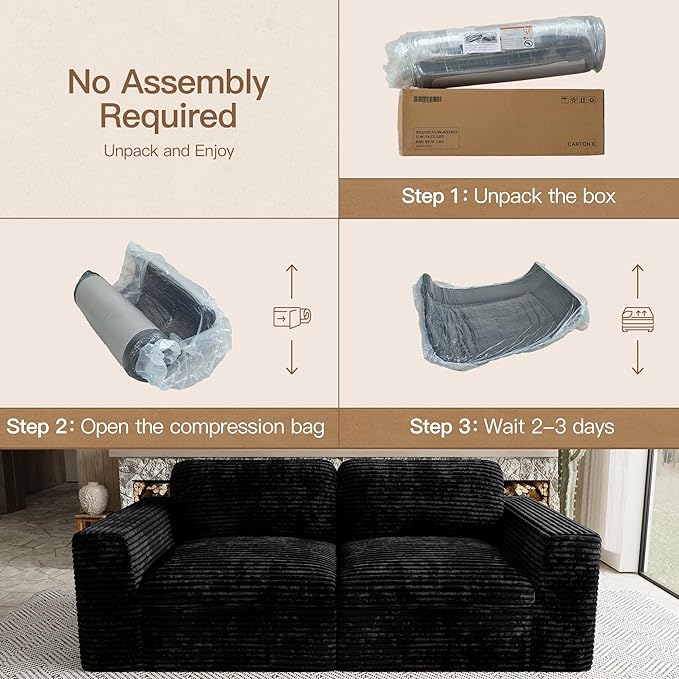 Boneless Loveseat Sofa Plush Corduroy Sectional Couch with Deep Seat Modular Cloud Sectional Couches for Living Room.Black Sofa.