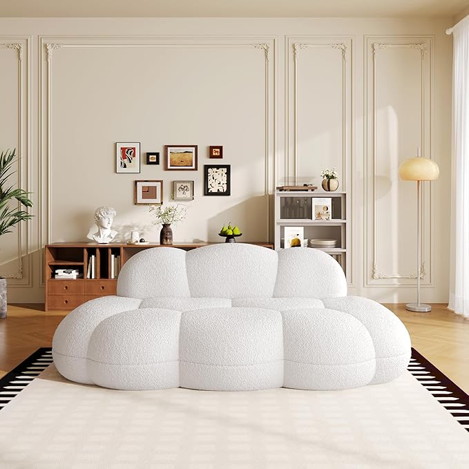 Floor Couch Modern Curved Loveseat Sofa Lazy Sofa Round Floor Sofas Cloud Memory Foam Couches for Living Room Apartment Small Spaces (No Assembly White)