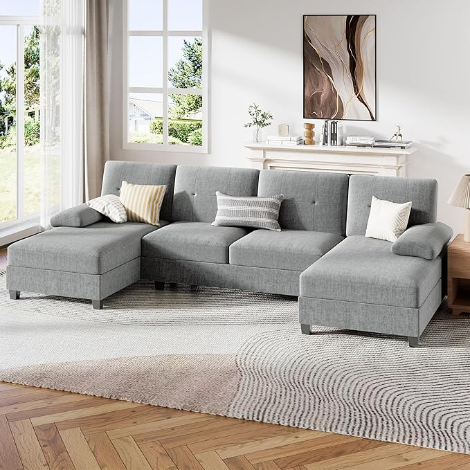 JY QAQA Sectional Couche with Soft Cushion U-Shaped Sofa with Double Chaise 4-Seat Linen Fabric Sofa Sets for Living Room Apartment Taupe